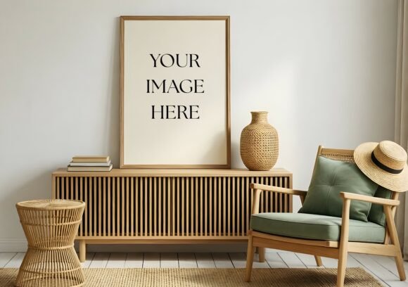 Download Boho Wood Frame Mockup - Green Armchair - Premium Resources